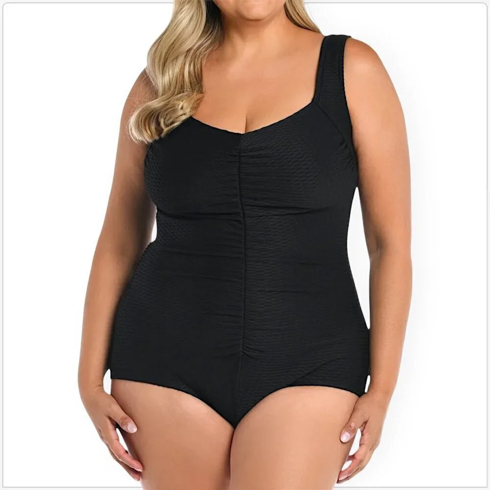 Maxine of Hollywood Black Textured Spa Shirred Front One Piece Swimsuit NWT 16